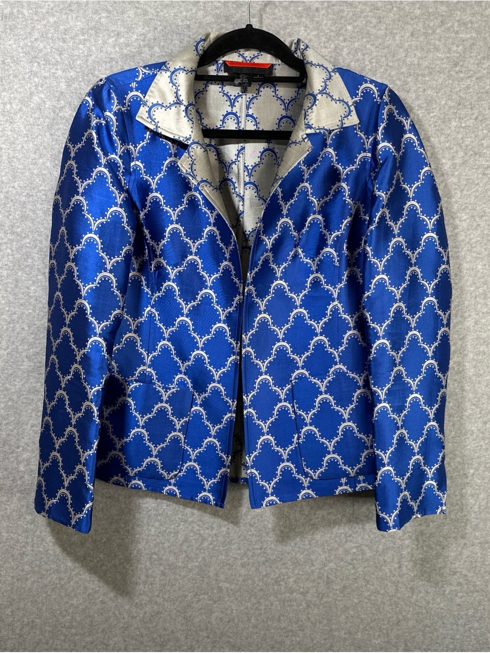 Nina McLemore Silk Jacket Womens Size 4 Royal Blue Silver Geometric Open Front